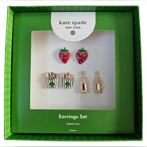 Kate Spade Strawberry, Bottle And Gold Fries Earrings Set, New In Box
